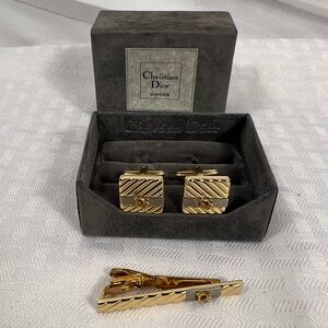 Christian Dior Gold Cufflinks & Tie Bar Set w Box Vintage